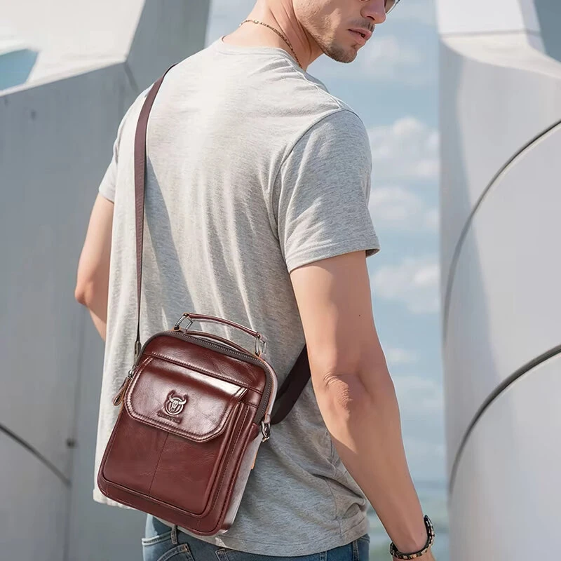 (image for) BULLCAPTAIN Classical Men's Genuine Leather Shoulder Bag Retro Business Casual Crossbody Bag Male Large Capacity Handbag Bag